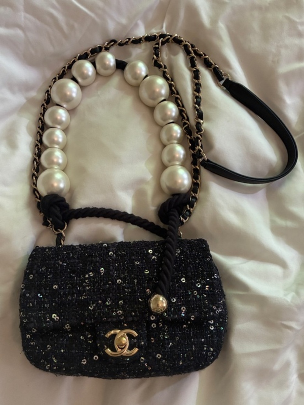 Chanel Black Sequined Pearl-Handle classic flap Mini Shoulder Bag runway